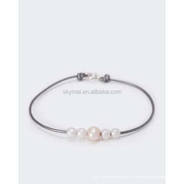 wholesale Bracelet en argent sterling 925 avec bracelet en cuir véritable perle d&#39;eau douce pour femme